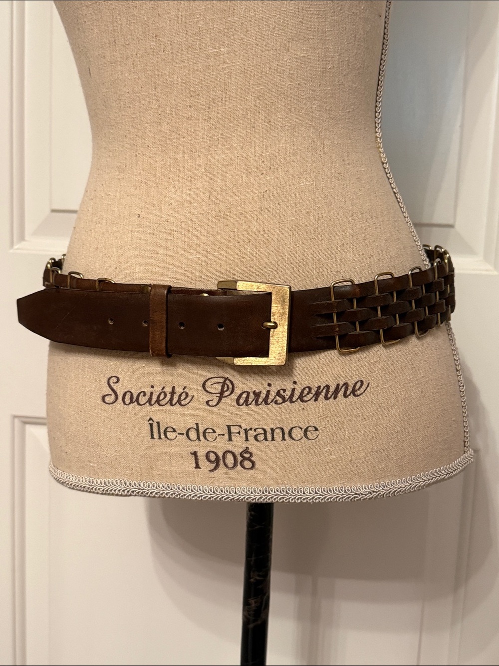 LANVIN Brown Leather Woven Belt with Brass Buckle & accents Size 36
